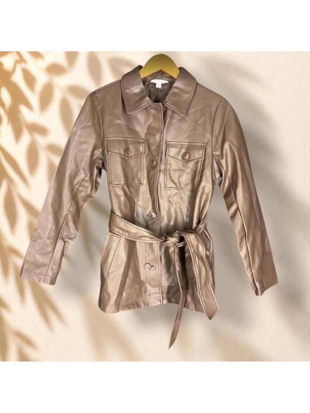 Time And Tru Jacket Women S Small Brown Button Leather Long Sleeve Belted